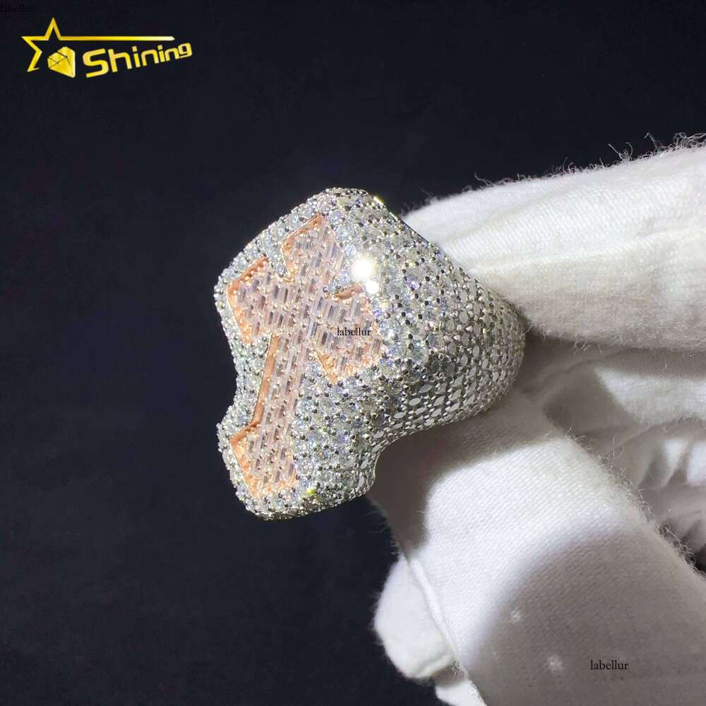 Sterling Silver VVS Cubic Zirconia Iced Out Lab Hip Hop Jewelry Cross Ring