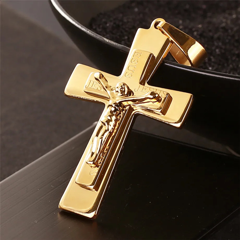 Mens Necklace Big Jesus Cross Pendant Chain Men Gold Color Stainless Steel Christian Crucifix Necklace Male Religious Jewelry 250805