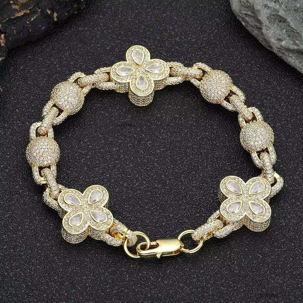 Hip Hop Jewelry Iced Out Dia Four-Leaf Clover Women's Full Pave Shiny Zircon Round Ball Beaded Link Chain Bracelet