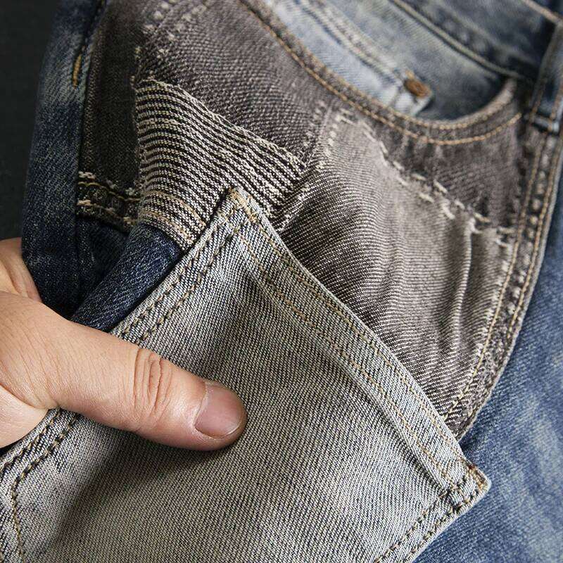Trendy brand patchwork jeans for men, slim fit small straight tube elastic retro patch personalized trendy pants