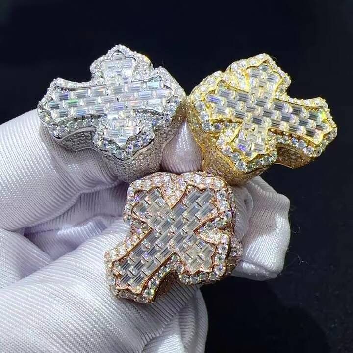 Iced Out Custom Cross Moissanite Mens Ring 14k Gold Hip Hop Cuban Link VVS Diamond Jewelry Adjustable Luxury Design