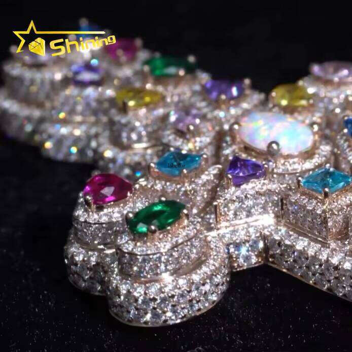 Trendy New Arrivals 2025 Fancy Cut Dias Fashion Icd Out Multi-Colored Gemstones Moissanite Hip Hop 3D Cross Pendant Necklace