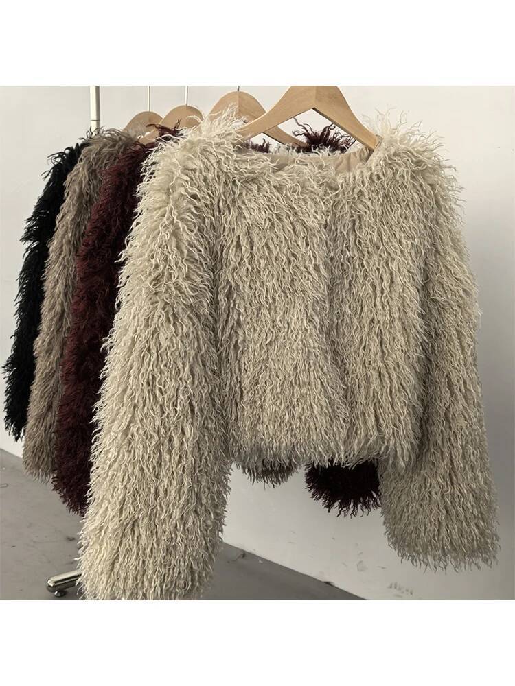 Mumaroho 2025 Winter Autumn Faux Fur Cropped Coat Solid Long Sleeve Thick Warm Outwear Fluffy Short Jacket Women