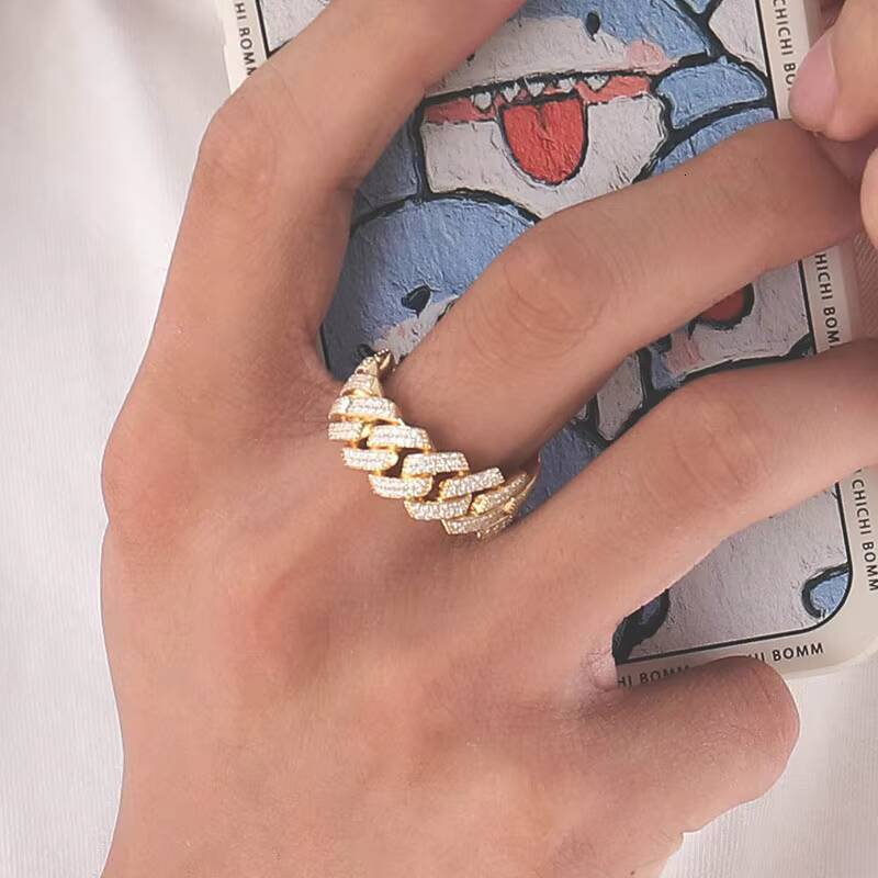 Miami Trendy Hip Hop Moissanite Cuban Link Ring Yellow Gold With DEF Moissanite Diamond for Rapper