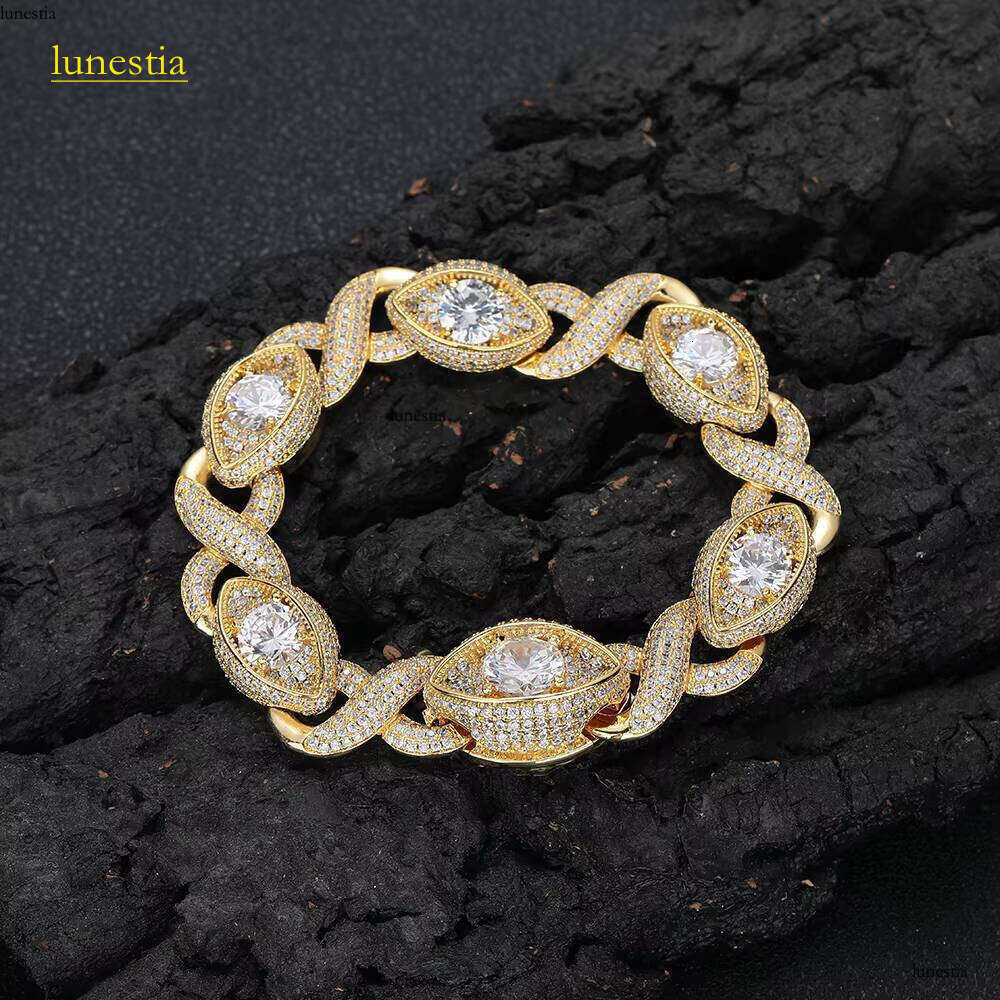 15mm Eye-Shaped Design Dia Gold Plated Iced Out Zircon Cuban Chain Link Bracelet Women Fine Jewelry