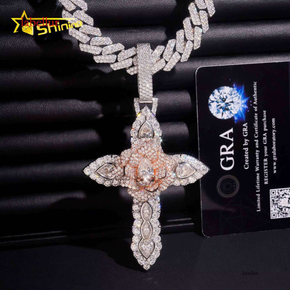 Solid Heavy Duty Two-Tone VVS Hip-Hop Sier Iced Out 3D Moissanite Cross Pendant