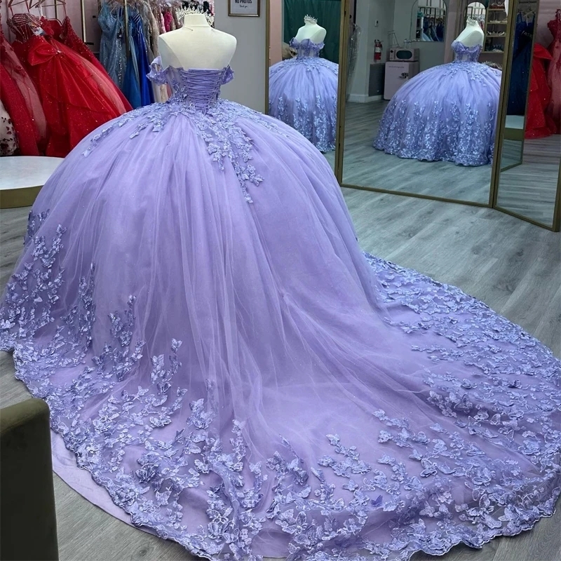 Lavender Quinceanera Dresses Ball Gown Off The Shoulder Beads Bow Tull Corset Party Birthday Sweet 16 Vestidos 15 Anos