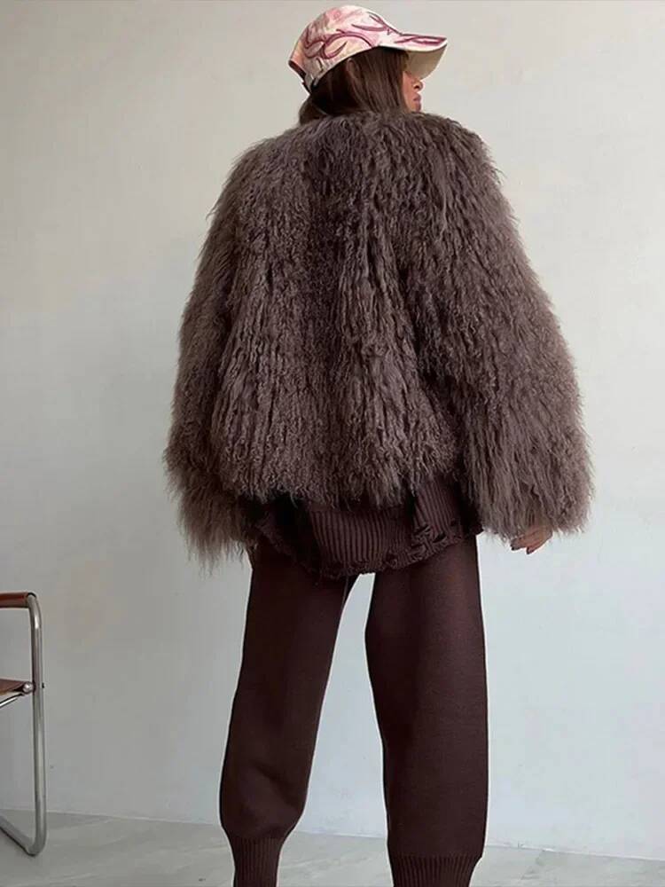 Women's Brown Loose Faux Fur Coat Female Solid Round Neck Winter Fashion Warm Jacket Casual Chic High Street Thicken Outerwear