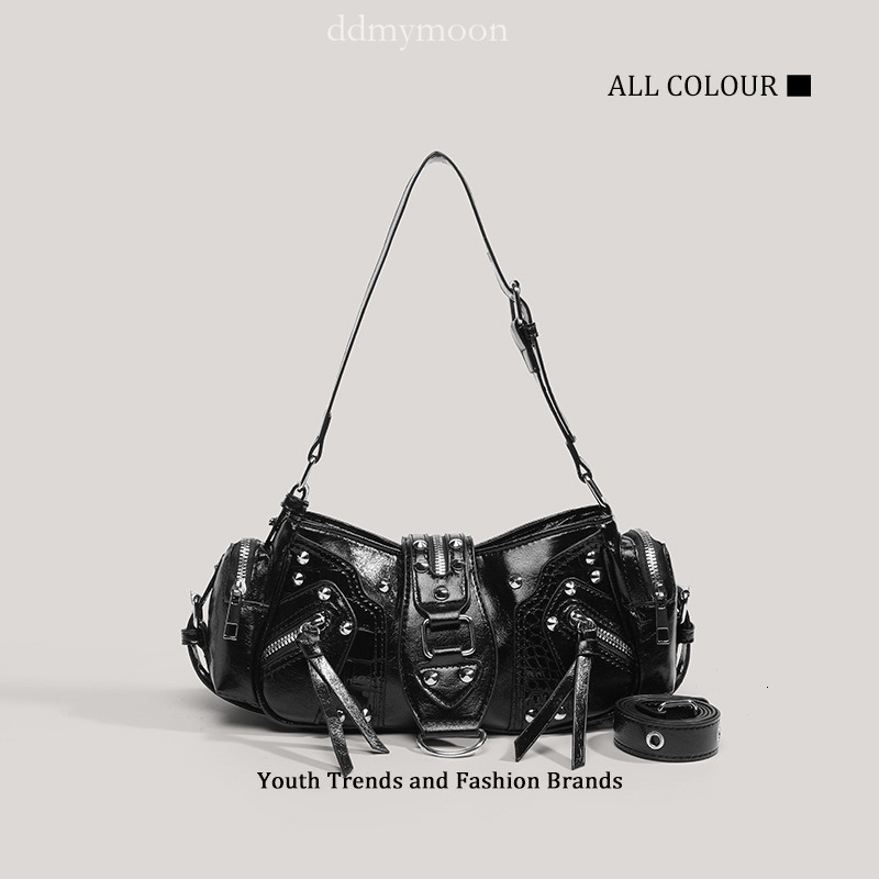 High-Value Hot Girl Motorcycle Oil Wax Leather Single Shoulder Crossbody Commuter Underarm Bag ddmymoon
