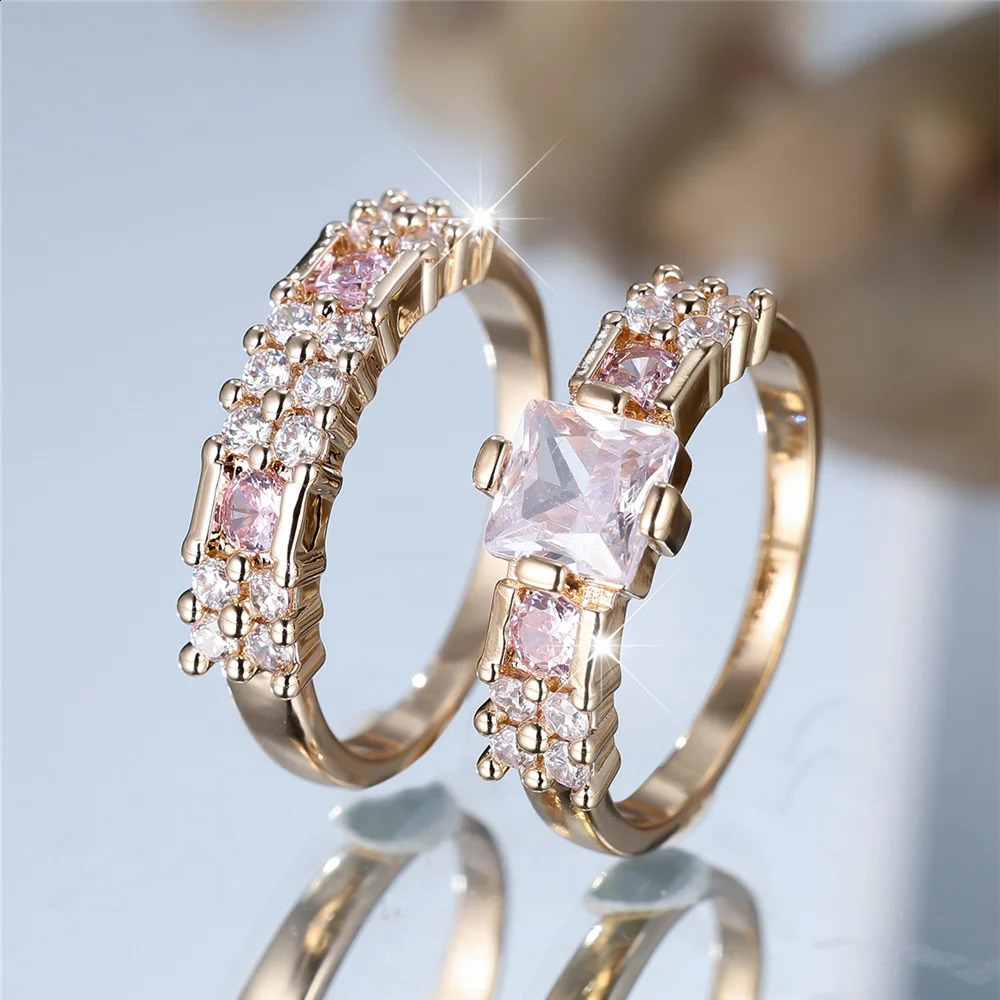 Crystal Female White Pink Zircon Stone Ring Set Gold Color Bridal Wedding Promise Love Engagement Jewelry For Women 250807