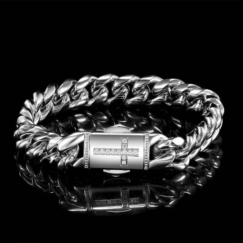 Stainless Steel Men Cuban Link Bracelets Hip Hop Sier Dia Cross Bracelet