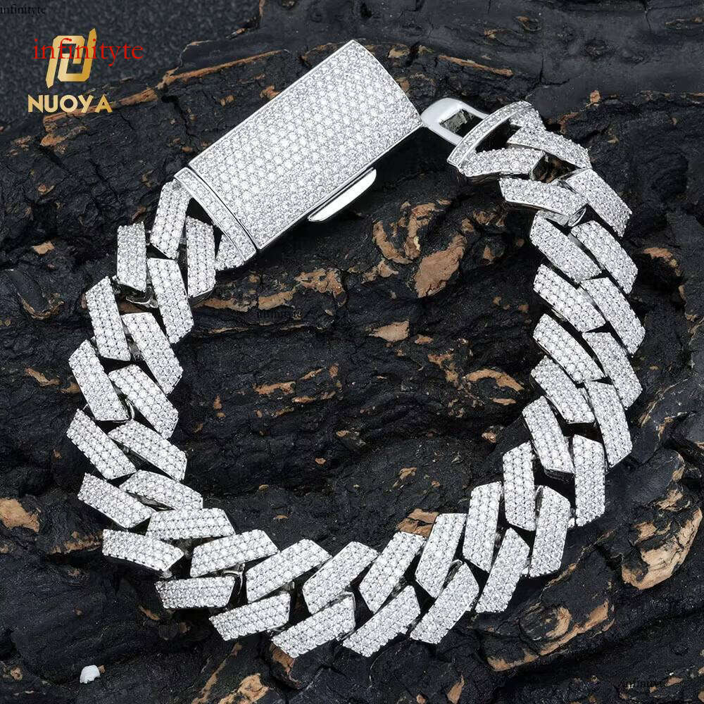 NUOYA Hip Hop Jewelry 16mm Dia Chain Inlaid 3 Rows Zircon Sier Plated Iced Out Cuban Link Bracelet for Men Women