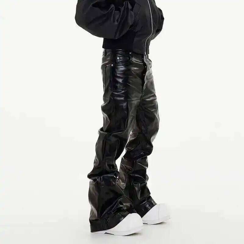HKSH Spring Autumn Men's Tide Coated Denim Pants Dark Fashion Chic Punk Flared Jeans Loose Wide Leg Glossy Straight Niche HK3559