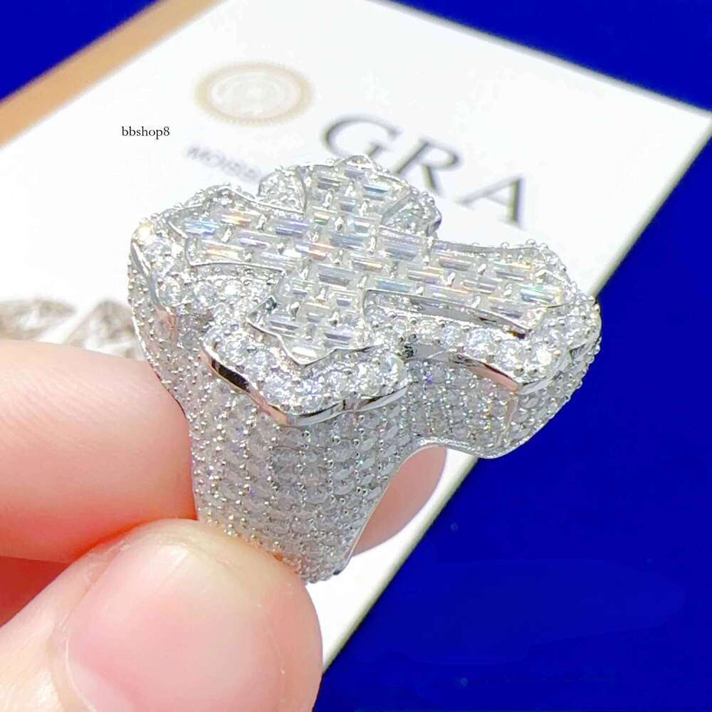 Iced Out Sterling Sier Hip Hop Moissanite Ring Men Custom Cross Finger Rings