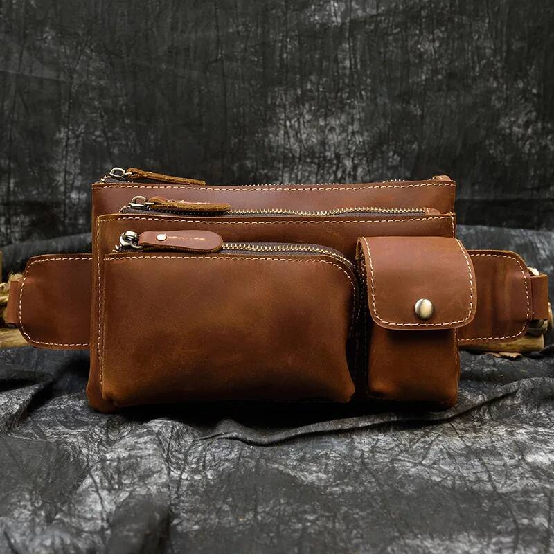 MAHEU Casual Men's Leather Outdoor Belt pouch Anti Theft Men Male Waist pack Bum Bag Fanny Pack 3 Zipper