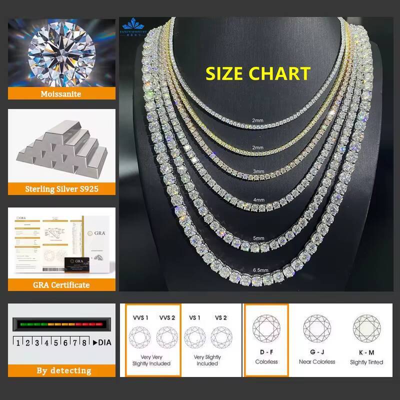 2mm-6.5mm 925 Silver Tennis Chain Link Chain Moissanites Bracelet Necklace with Round Diamond Shape Moissanite