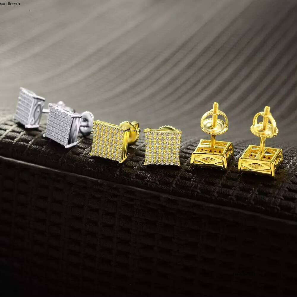 Wholesale Hip Hop Gold Plated Iced Out Cubic Zirconia Sterling Sier Screw Back Square Stud Earrings for Men Women e0 20