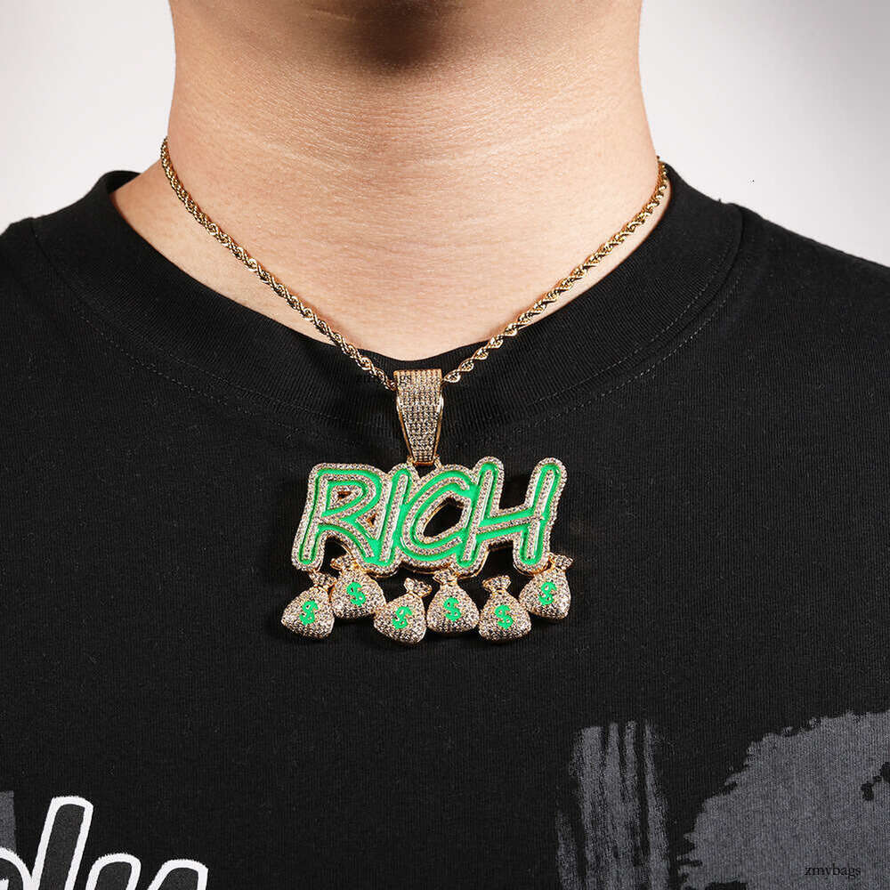 Hiisees Trendy Brand Hip-Hop Luminous RICH Money Bag Pendant Creative Moissanite chain Letter Necklace for Men and Women
