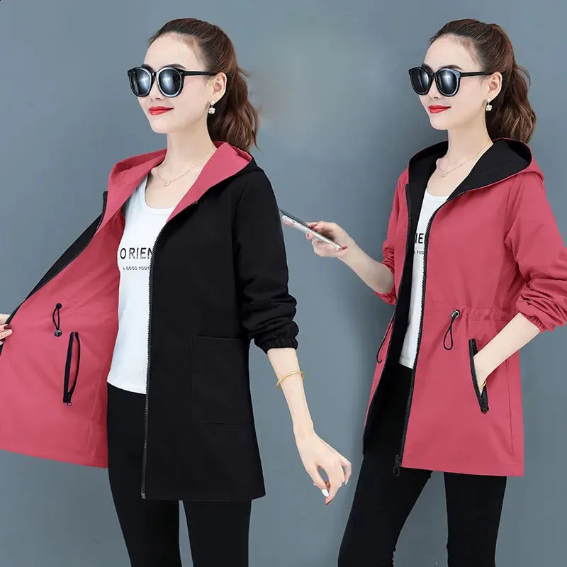 Spring Autumn DoubleSided Trench Coat Women Long Sleeve Jacket Hooded Drawstring Reversible Female Streetwear Outerwear 4XL 250809