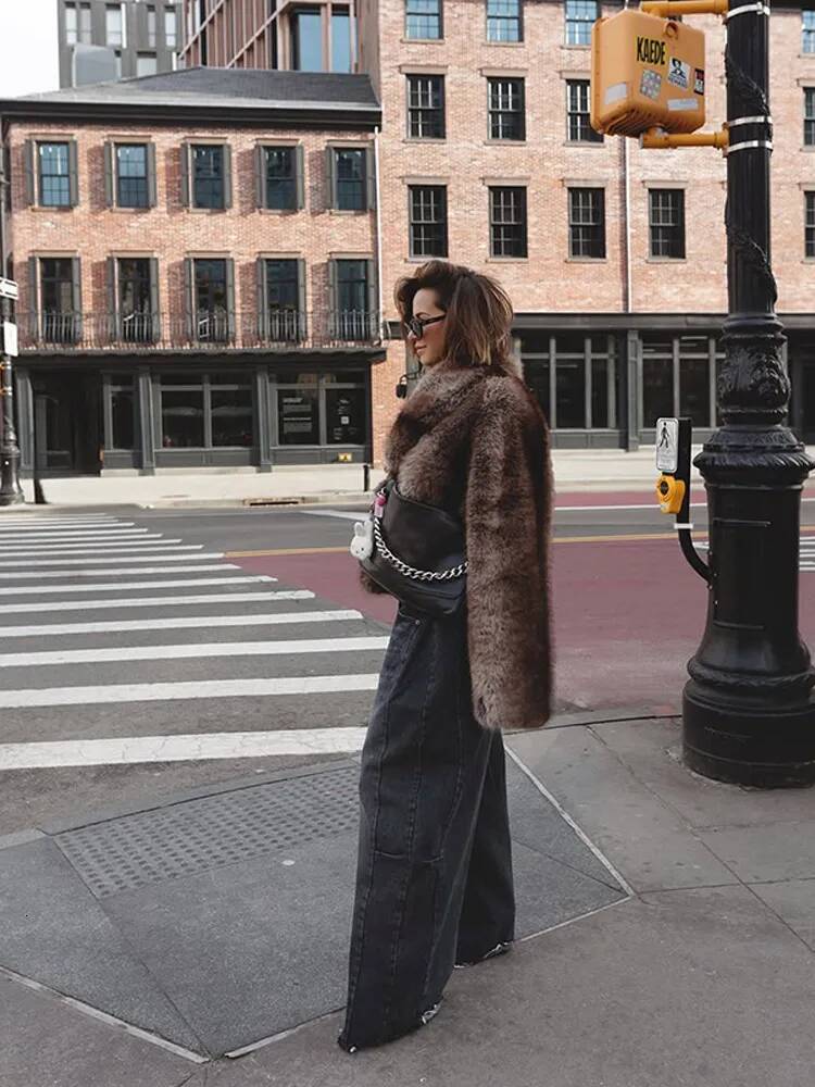 Fluffy Solid Faux Fur Thicken Jacket Women Elegant Lapel Long Sleeves Loose Plush Coats Autumn Winter Chic Female Street Wear