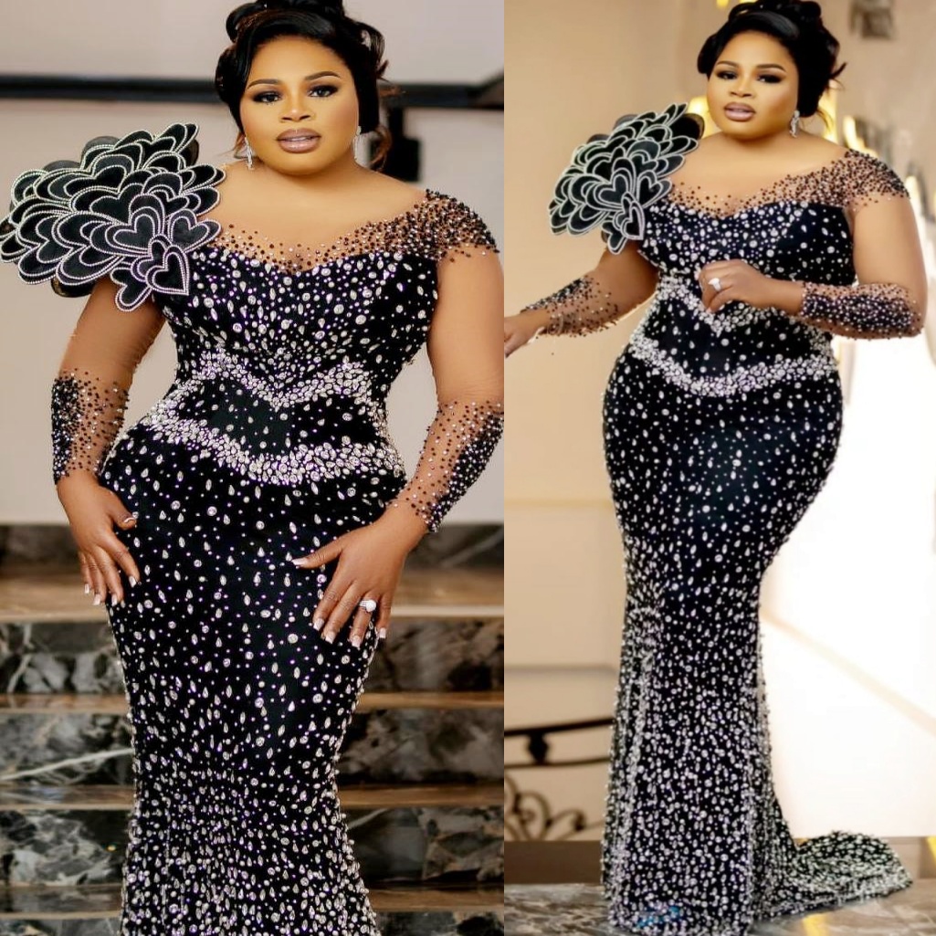 Mermaid Black Prom Dresses 2025 Crystals Florals Full Sleeves Evening Formal Party Second Birthday Engagement Gowns Plus Size Dress For Special Occasi