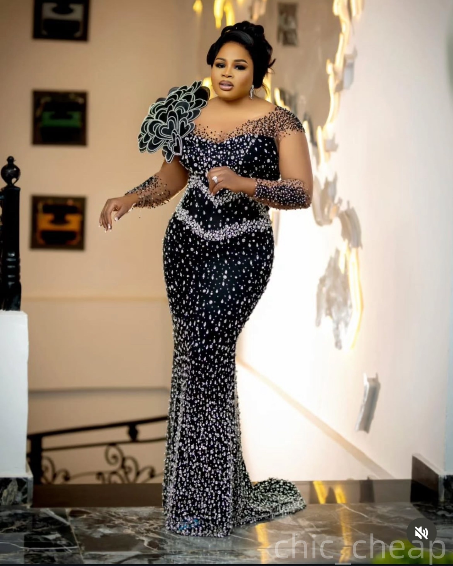 Mermaid Black Prom Dresses 2025 Crystals Florals Full Sleeves Evening Formal Party Second Birthday Engagement Gowns Plus Size Dress For Special Occasi