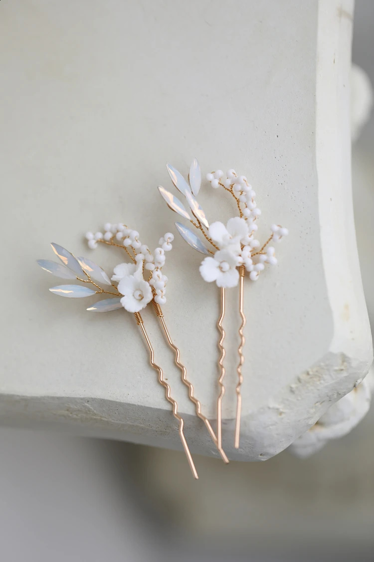 Porcelain Flower Hair Pins Clips Opal Head Pieces Gold Silver Color Hairpins For Brides Women Bridal Jewelry Wedding Accessories 250807
