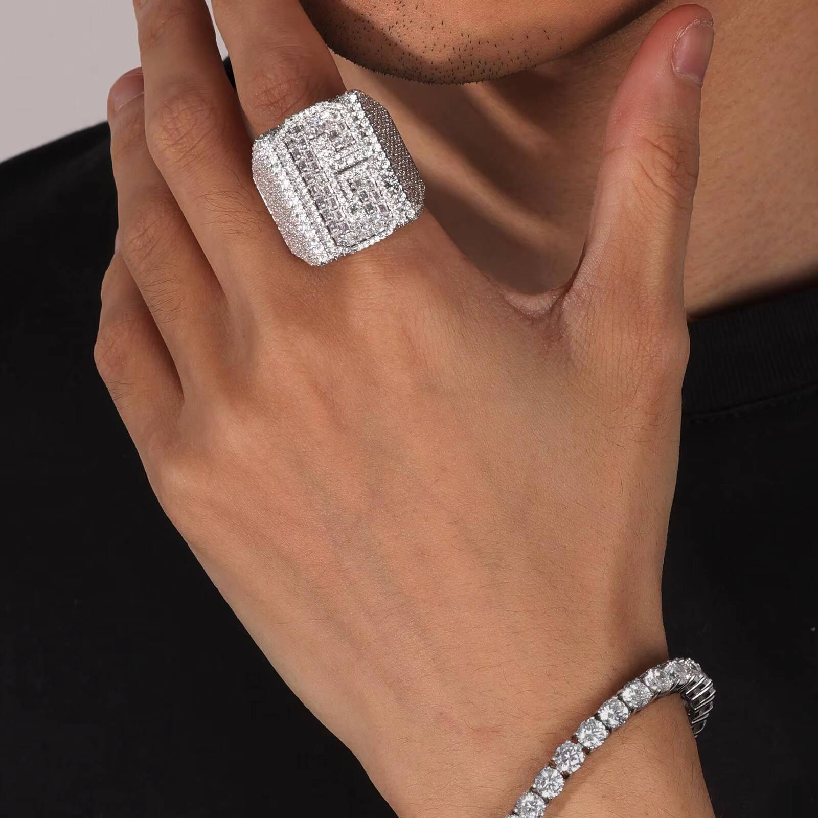 Luxury Square Custom Number Letter Brass With 18K Gold Plated Men Rings Full 5A Zircon Diamond Hip Hop Single Letter Ring