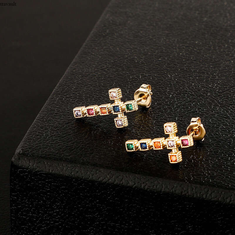 Unique Hip-Hop Angel Cross Iced Out VVS Needle Colorful Mixed Zircon Earrings