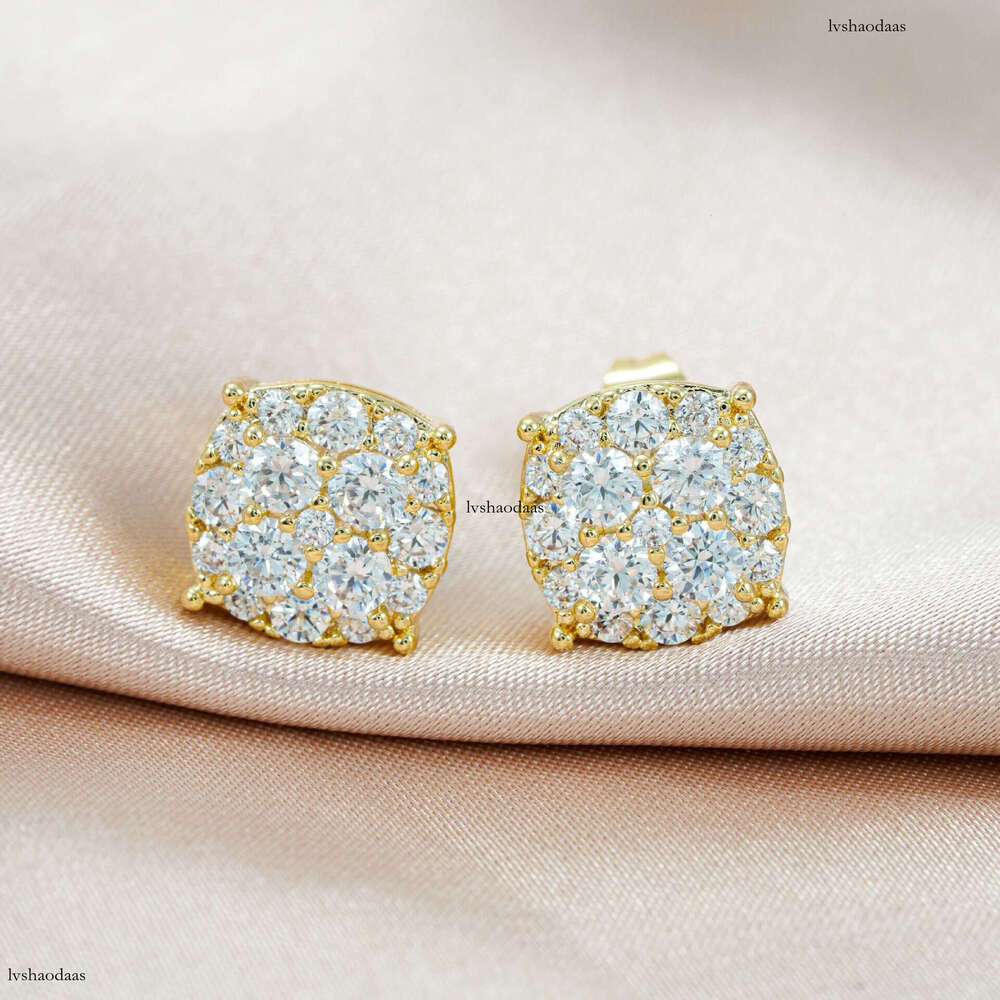Hot-Selling High-End Ice Flower Round Sier Inlaid Moissanite Unisex Personality Fashion Earrings Jewelry