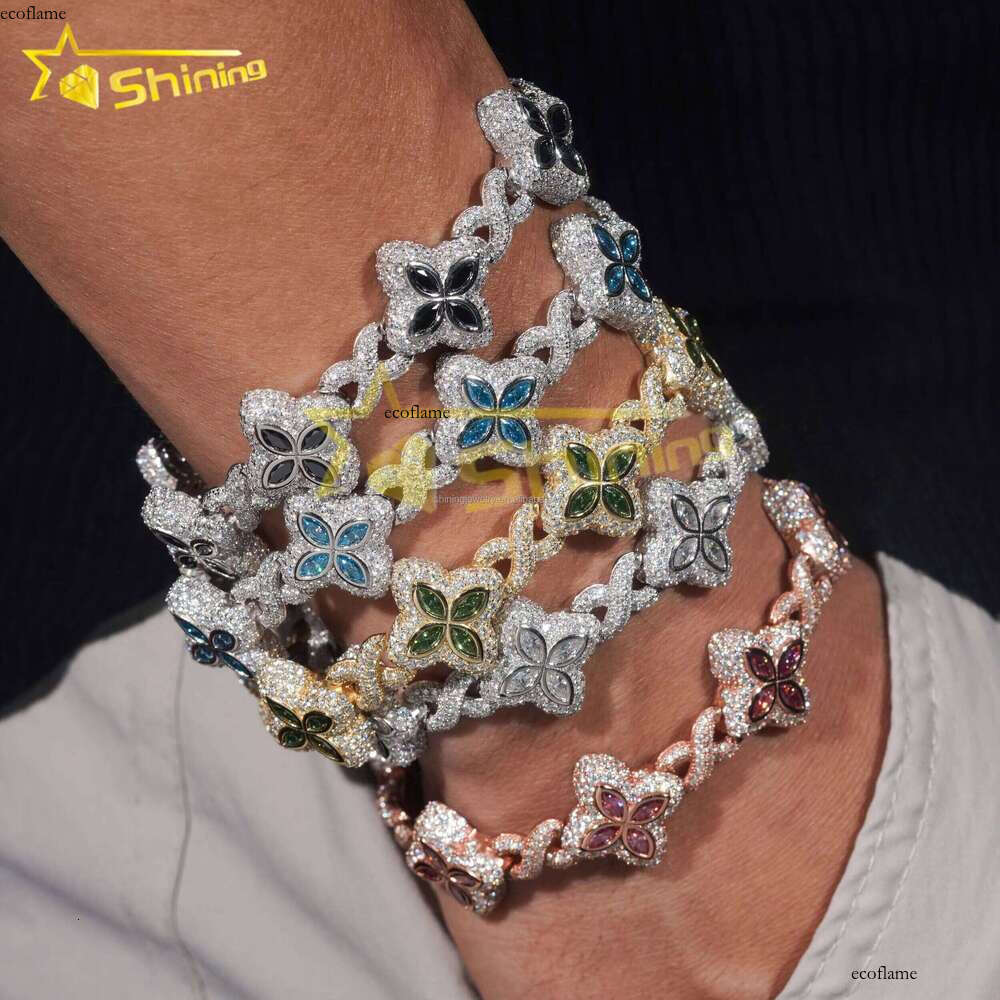 Charming Colorful Marquise Eye Moissanite Four-Leaf Clover Sier Cuban Chain Men's Women's Jewelry Bracelet Bangle