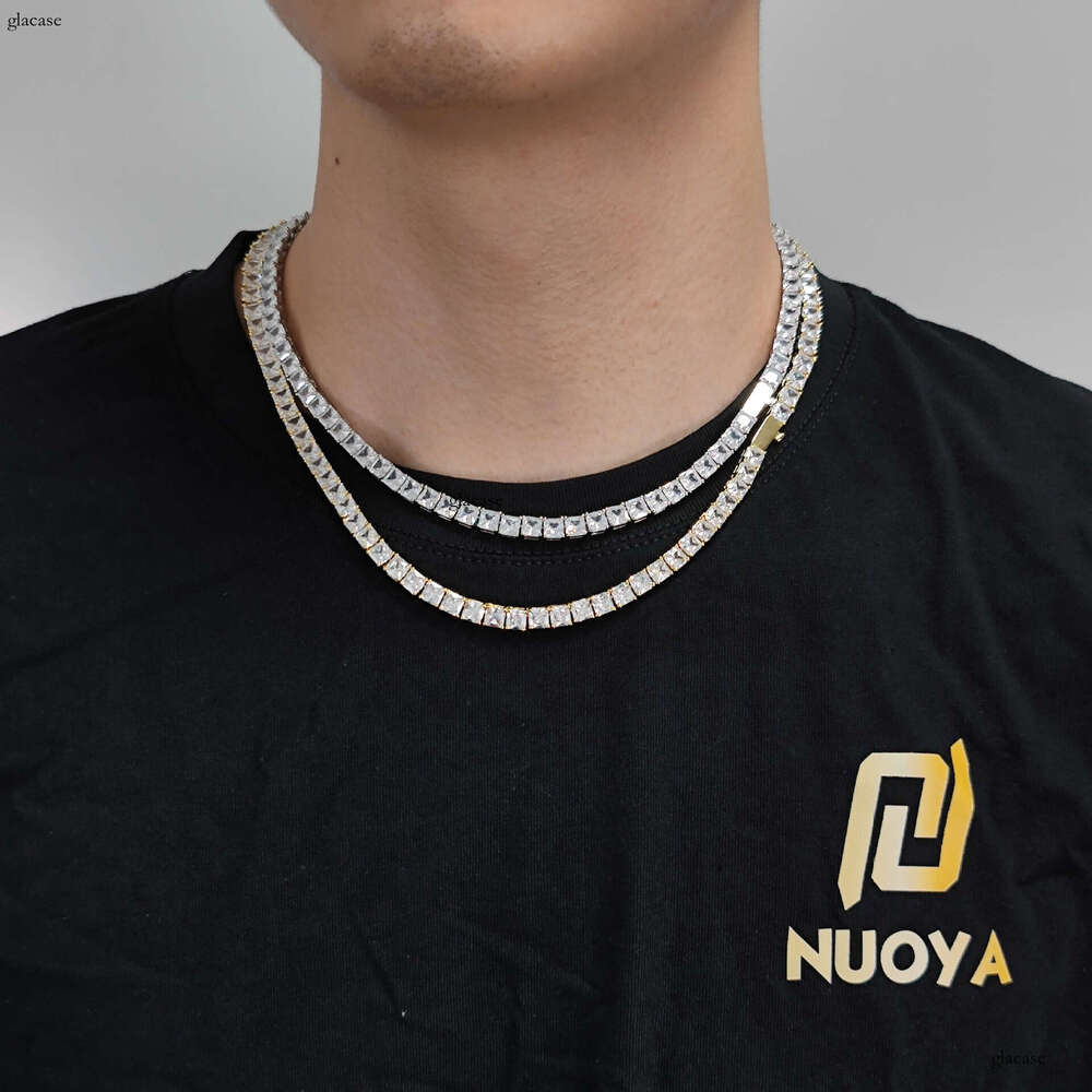 Hip Hop 5.5mm Spring Buckle Tennis Square Moissanite chain Men's Necklace Jewelry Accessories