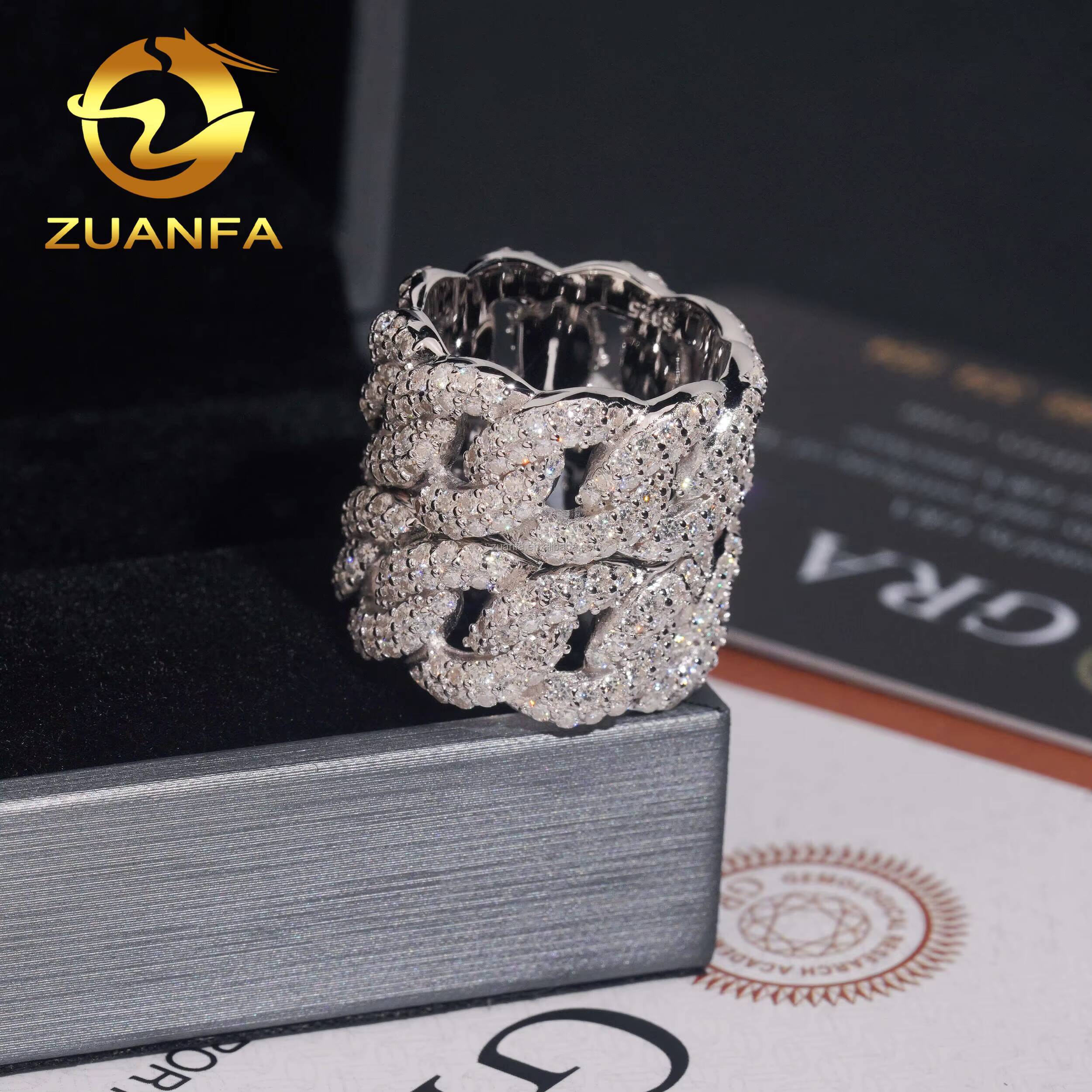 New Design Fashion 2Rows Stone S925 Sterling Silver Hip Hop Iced Out White Gold Plated VVS1 Moissanite Miami Cuban Band Ring Man