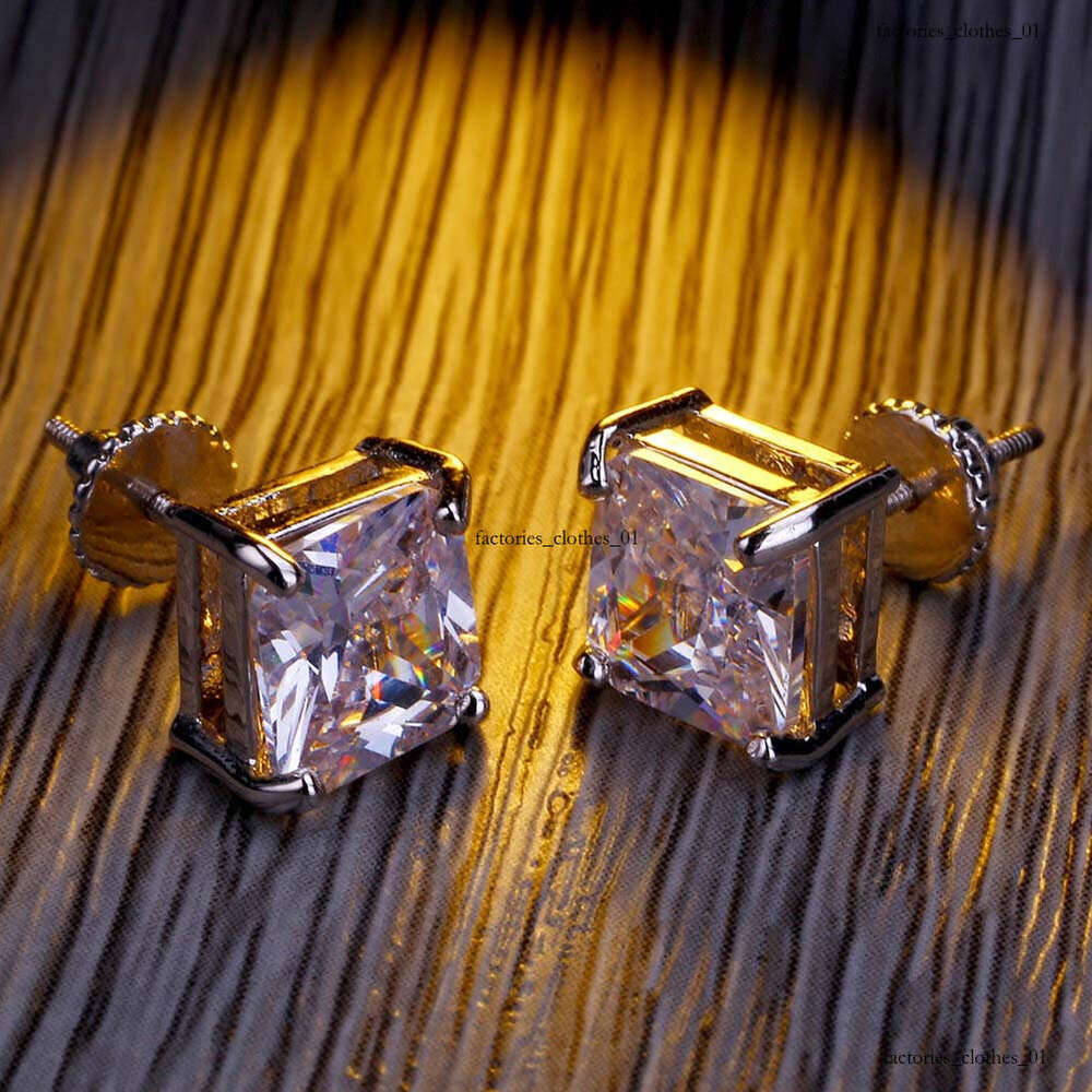 New Gold-Plated Micro-Paved Square Zircon Threaded Earrings Hiphop 6mm Ear Jewelry