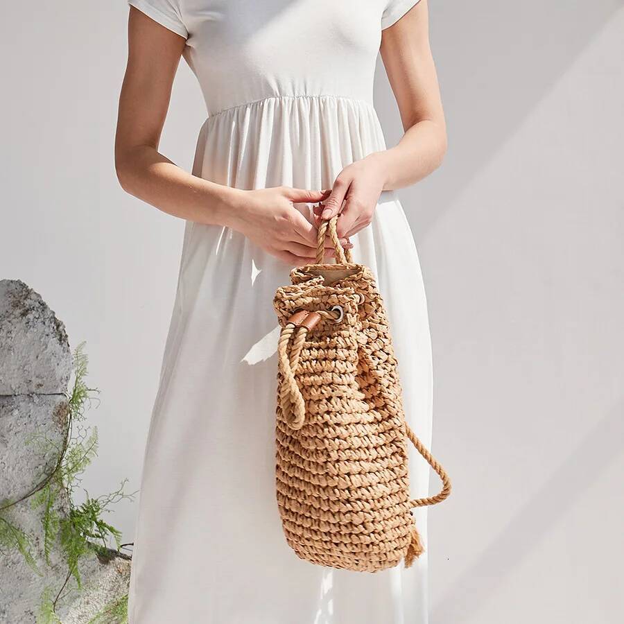 Summer Straw Backpack for Women Handmade Drawstring Beach Shoulder Bags Raffia Rattan Woven Travel Handbags bali lady backpacks