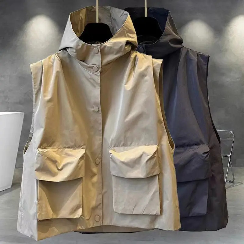 Workwear Cargo Vest Coat Couple Solid Color Hooded Outer Autumn Korean Punk Pocket Jacket Unisex Loose Streetwear 250809