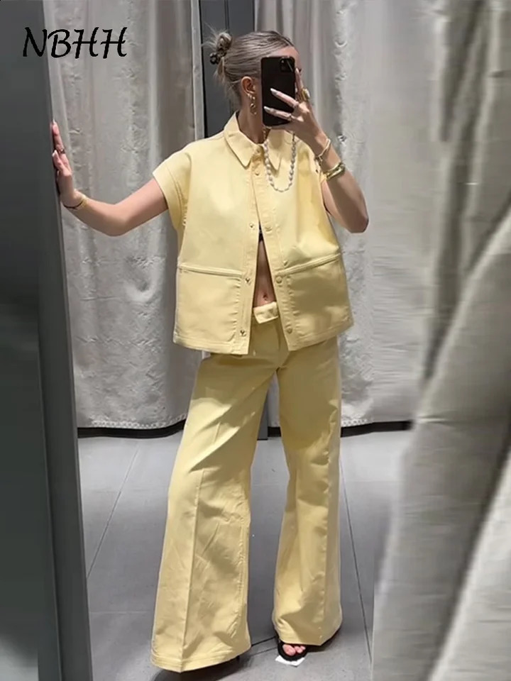 Street Fashion Vest Pants Sets Women Lapel Short Sleeve Single-breasted Waistcoat Wide Leg Trousers 2025 Summer Casual Outfits 250808