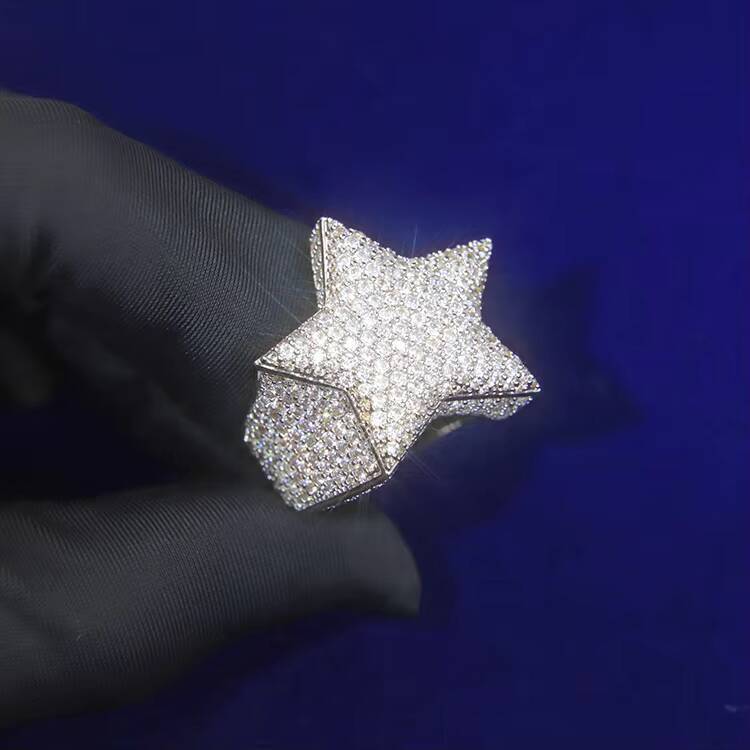 Hot Sale Gold Plated 6#~13# Full Size Lucky Star Ring Ice Out Moissanite Hip Hop Style Cuban 925 Sterling Silver Rings for Men