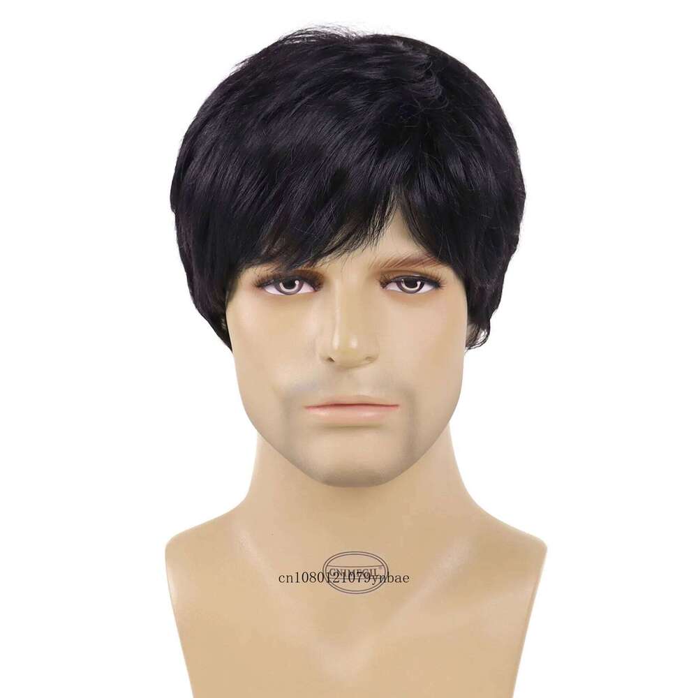Synthetic Hair Wigs for Men Male Guys Short Natural Black Wig with Bangs High Temperature Fiber Daily Party Costume Casual Use