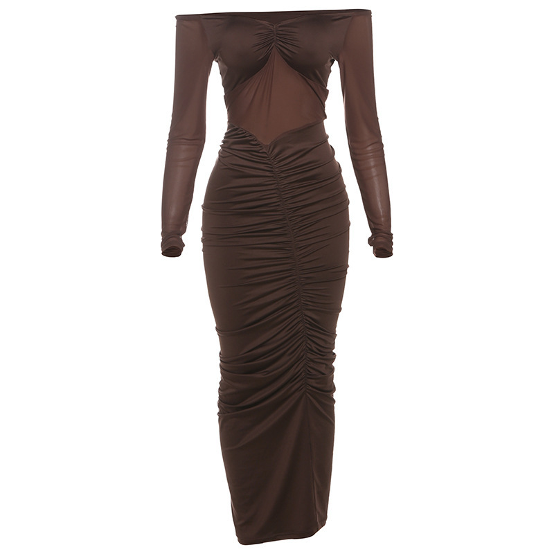 2025 Autumn New Sexy Sheer Off-Shoulder Long Sleeve Ruched Elegant Bodycon Dress for Women