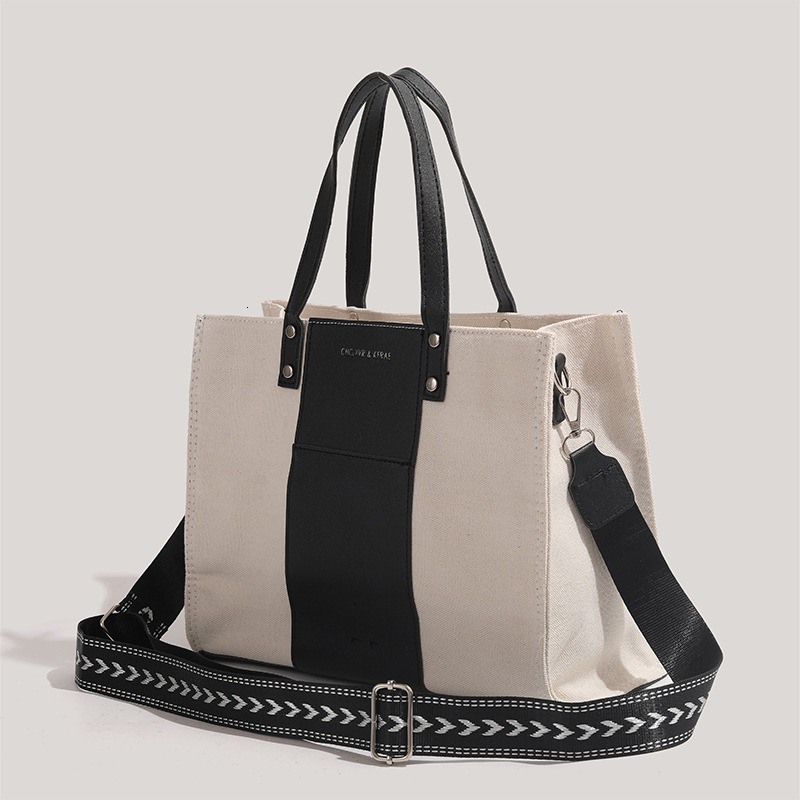 2025 New Black and White Tote Canvas Large Capacity Student Class Commuting Crossbody Bag ddmymoon