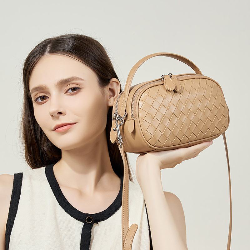 Summer New Genuine Leather Handbag Square Fashion Woven Double Zipper Shoulder Crossbody Small Casual Women's Bag