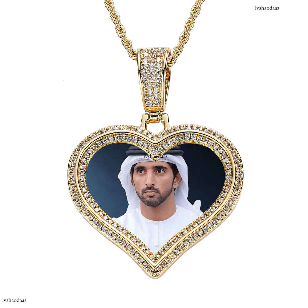 Hip Hop DIY Heart Frame Pendant Couple Photo Micro Paved Moissanite chain Solid Necklace