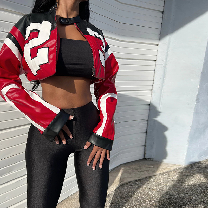 2024 Summer Womens New Fashion Motorcycle Contrast Embroidery Splicing Slim Fit Imitation Leather Jacket Coat