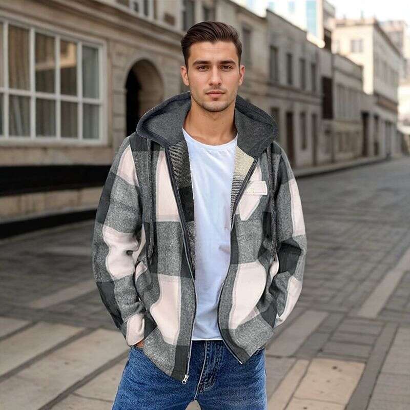 Men's Flannel Woolen Jacket Zipper Hoodie Winter Warm Hooded Coat