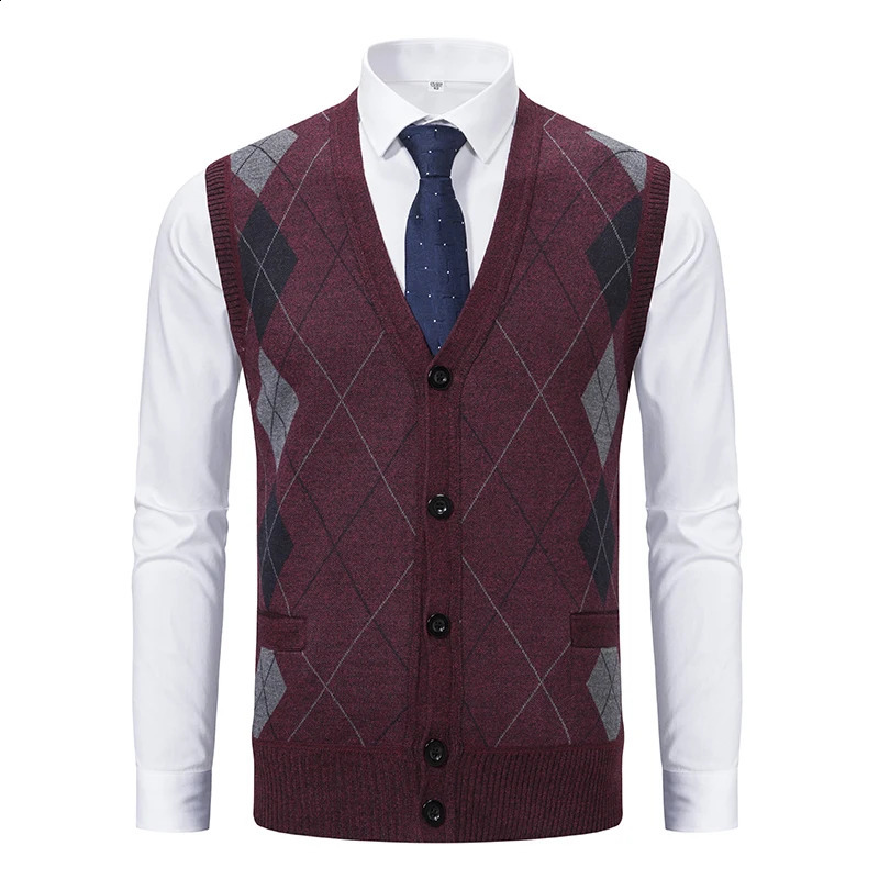 Spring Autumn Male Vest Sleeveless Sweater Fleece Warm Knitted Jackets Checkered Business Casual Button Up Coat Mens Clothing 250809