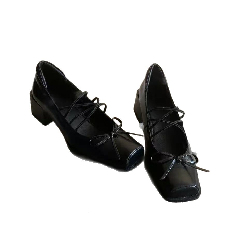2025 Designer's New Women's Single Shoe Thick Heel Leather Bow Middle Heel Ballet Shoes