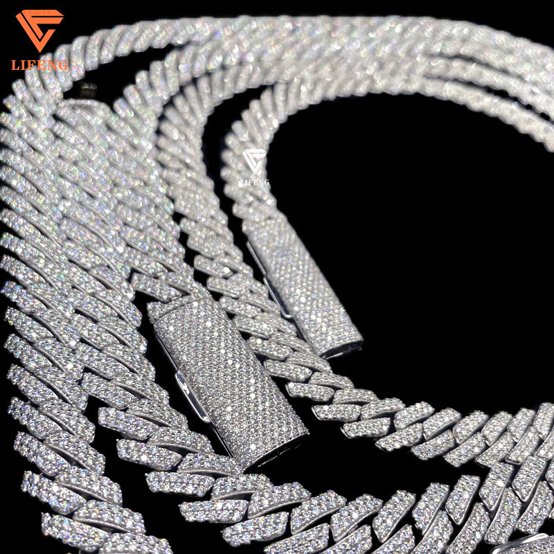 Iced 14mm 2-Row White Gold Plated Hip Hop Style Solid 925 Silver Rapper Cuban Link Chain Necklace Moissanite Diamond Necklace