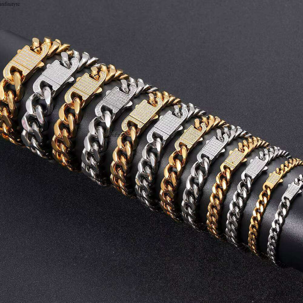 Hip Hop Jewelry High Polish Miami Link Iced Out Clasp Gold Plated Stainless Steel Cuban Bracelet for Men