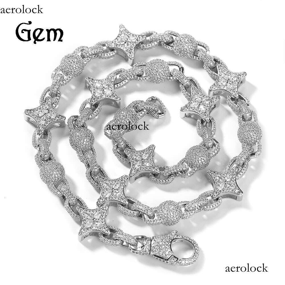 Fashion Hip-Hop New Sier Four-Pointed Star Bead Chain Light Niche Sterling Silver Inlaid Moissanite chain Trendy Men's Necklace